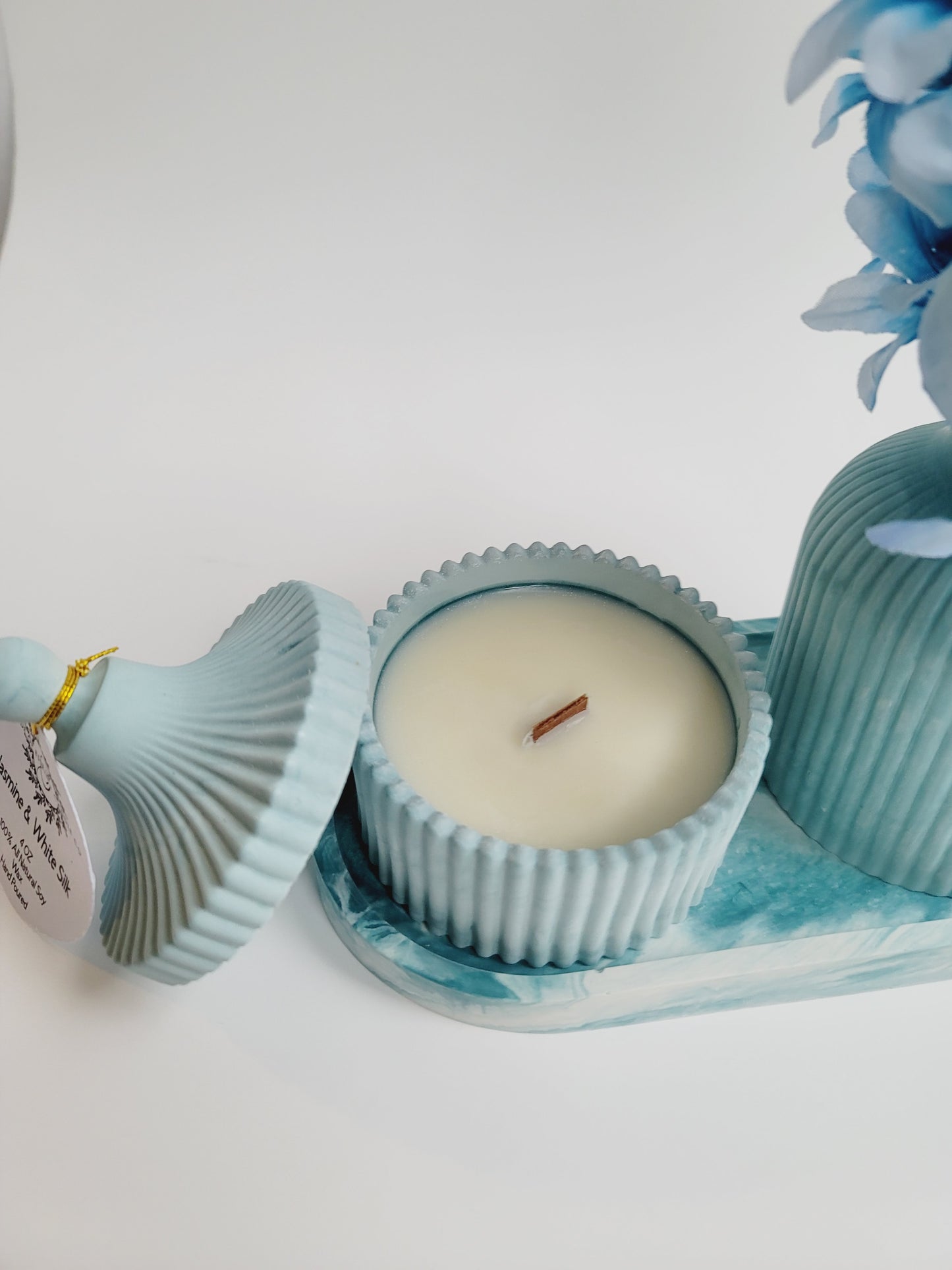 Cement Table Decor Candle Set - With Floral Vase - Blue