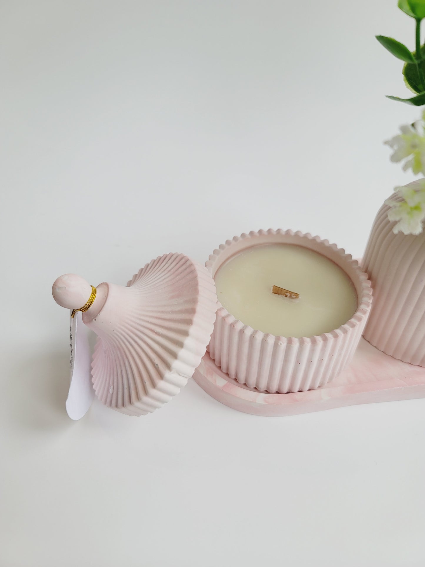 Cement Table Decor Candle Set - With Floral Vase - Pink