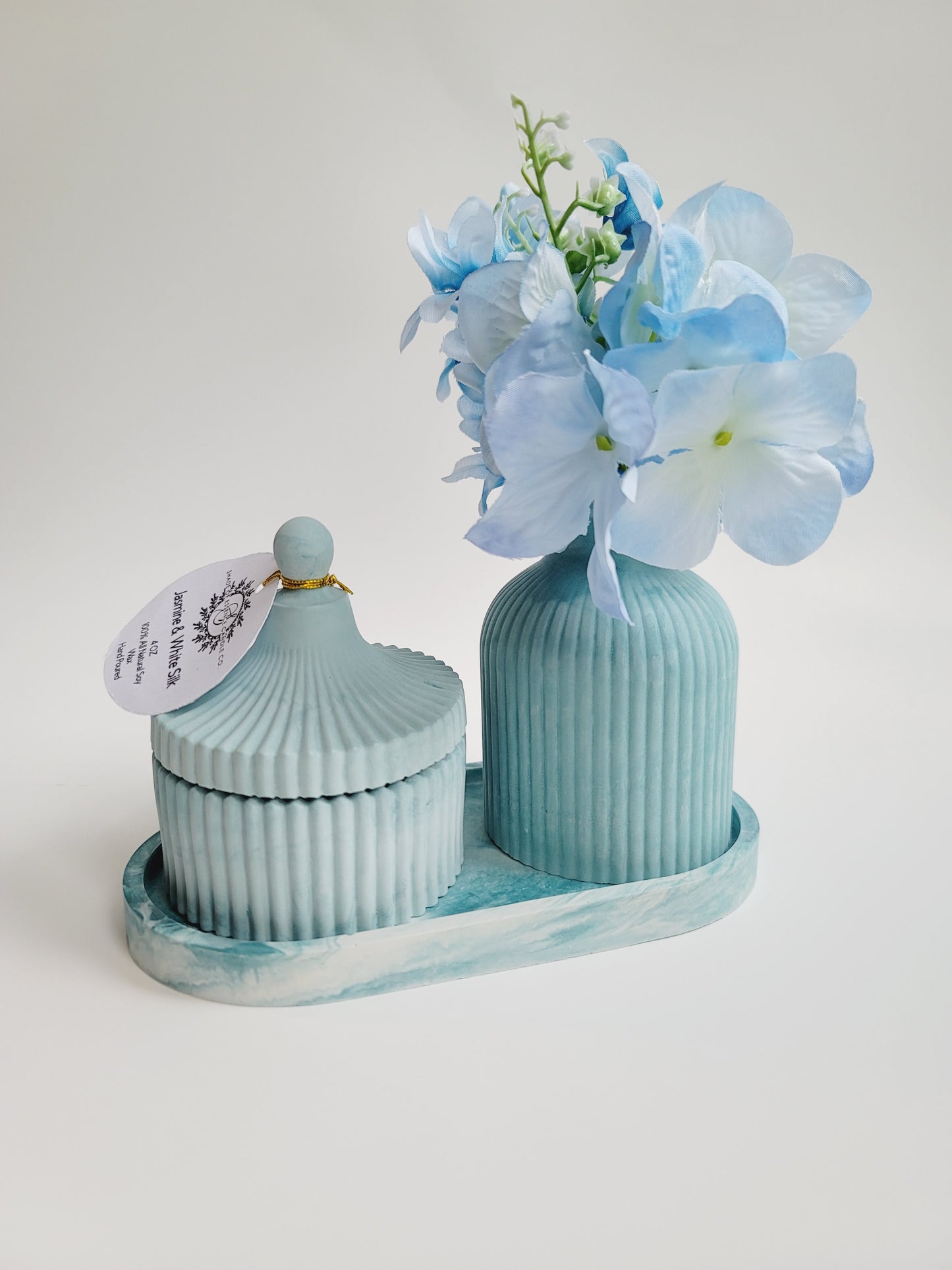 Cement Table Decor Candle Set - With Floral Vase - Blue