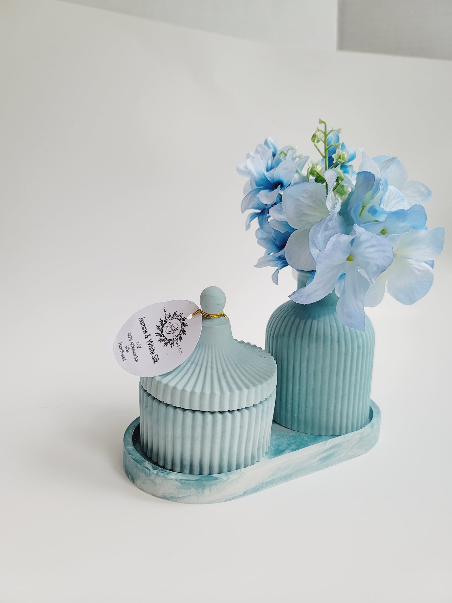 Cement Table Decor Candle Set - With Floral Vase - Blue