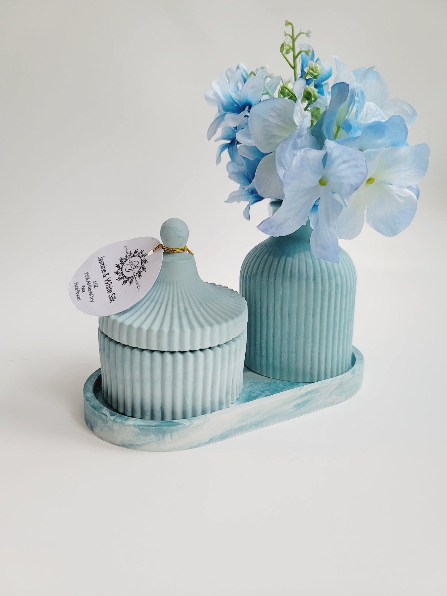 Cement Table Decor Candle Set - With Floral Vase - Blue