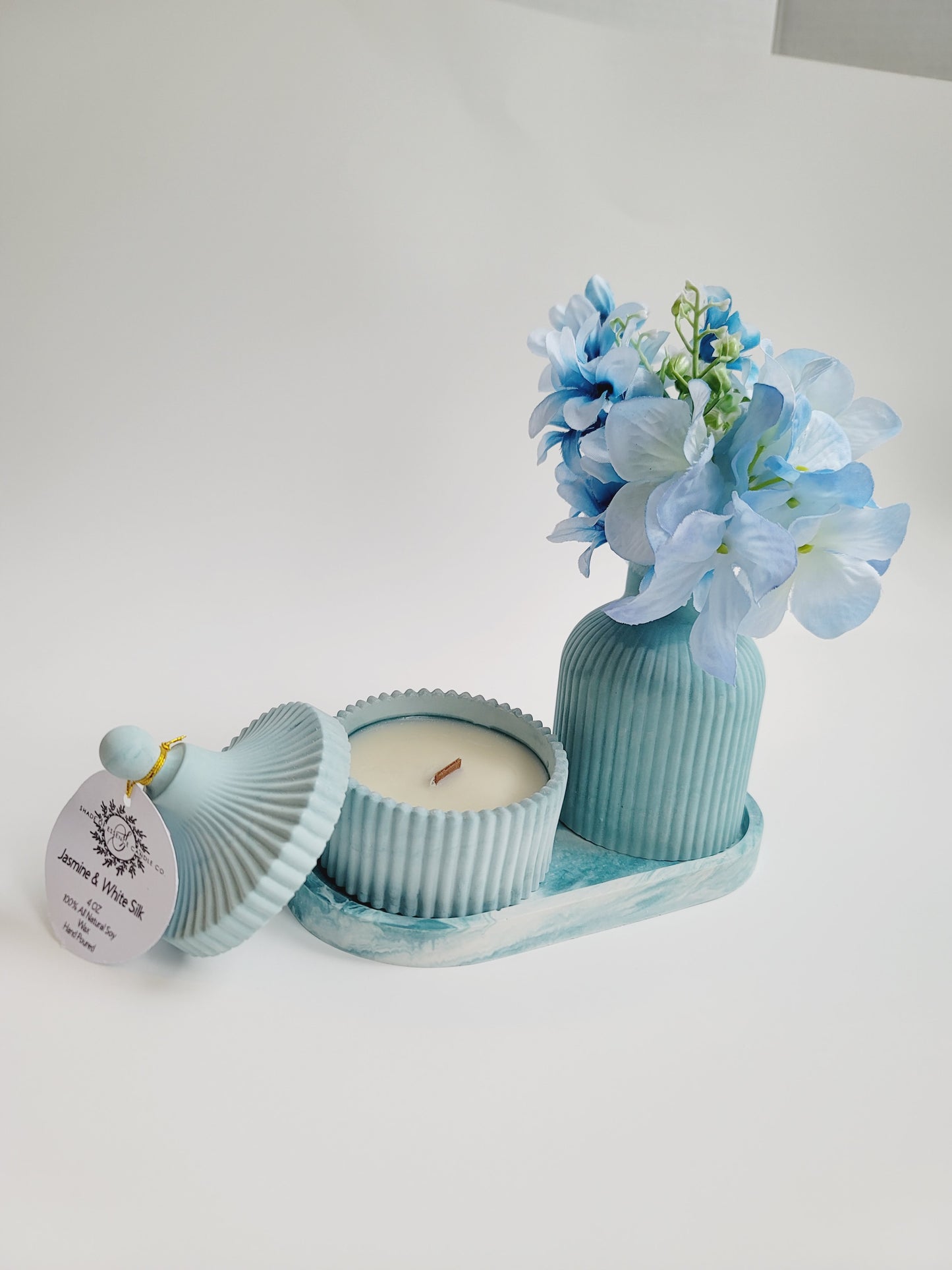Cement Table Decor Candle Set - With Floral Vase - Blue