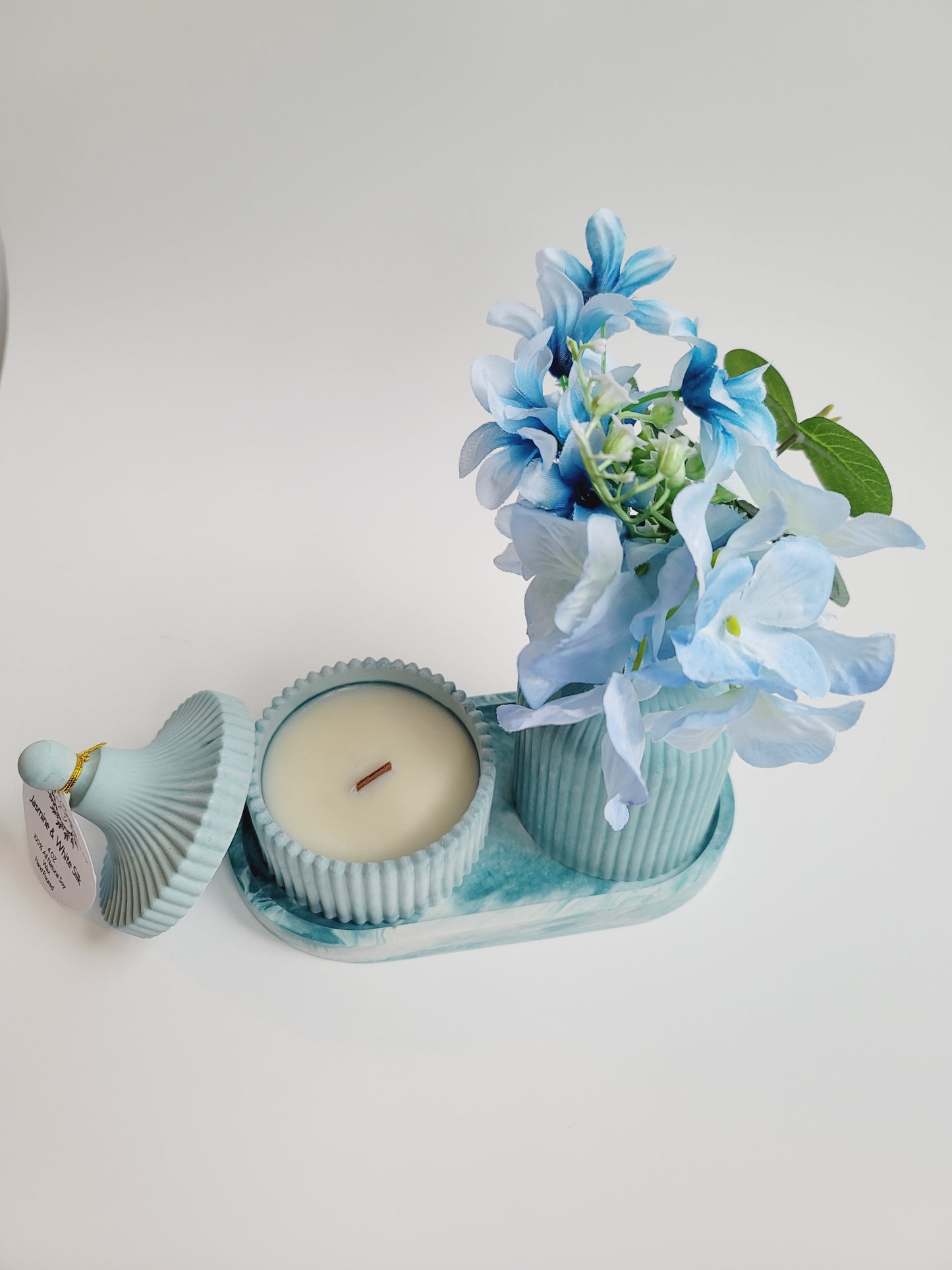 Cement Table Decor Candle Set - With Floral Vase - Blue