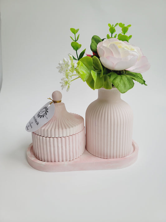 Cement Table Decor Candle Set - With Floral Vase - Pink