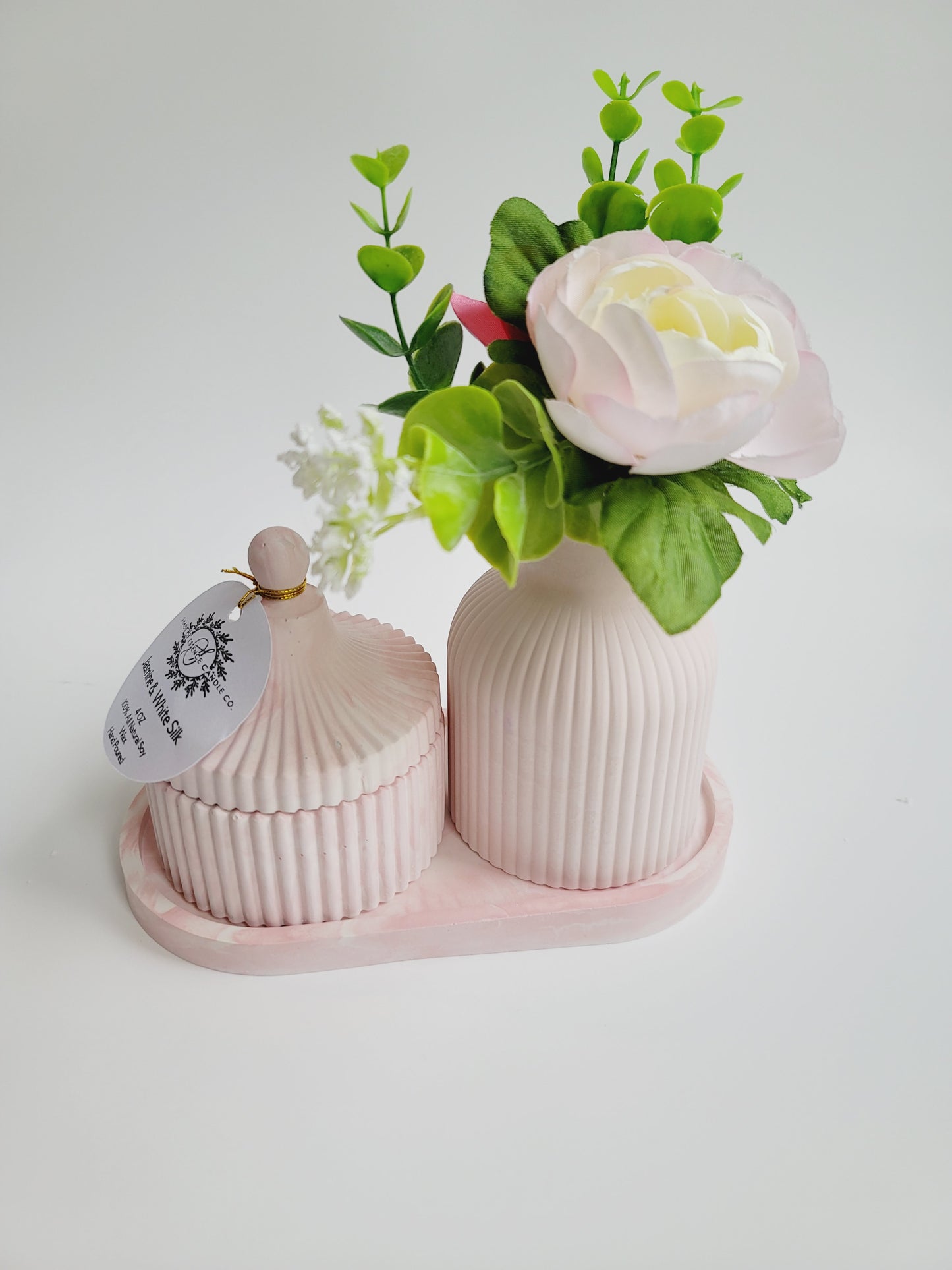 Cement Table Decor Candle Set - With Floral Vase - Pink