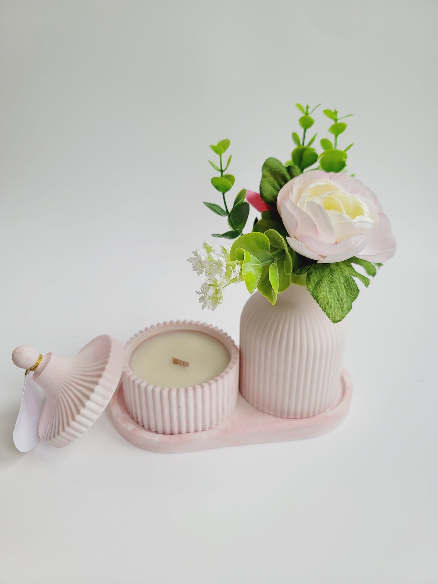 Cement Table Decor Candle Set - With Floral Vase - Pink