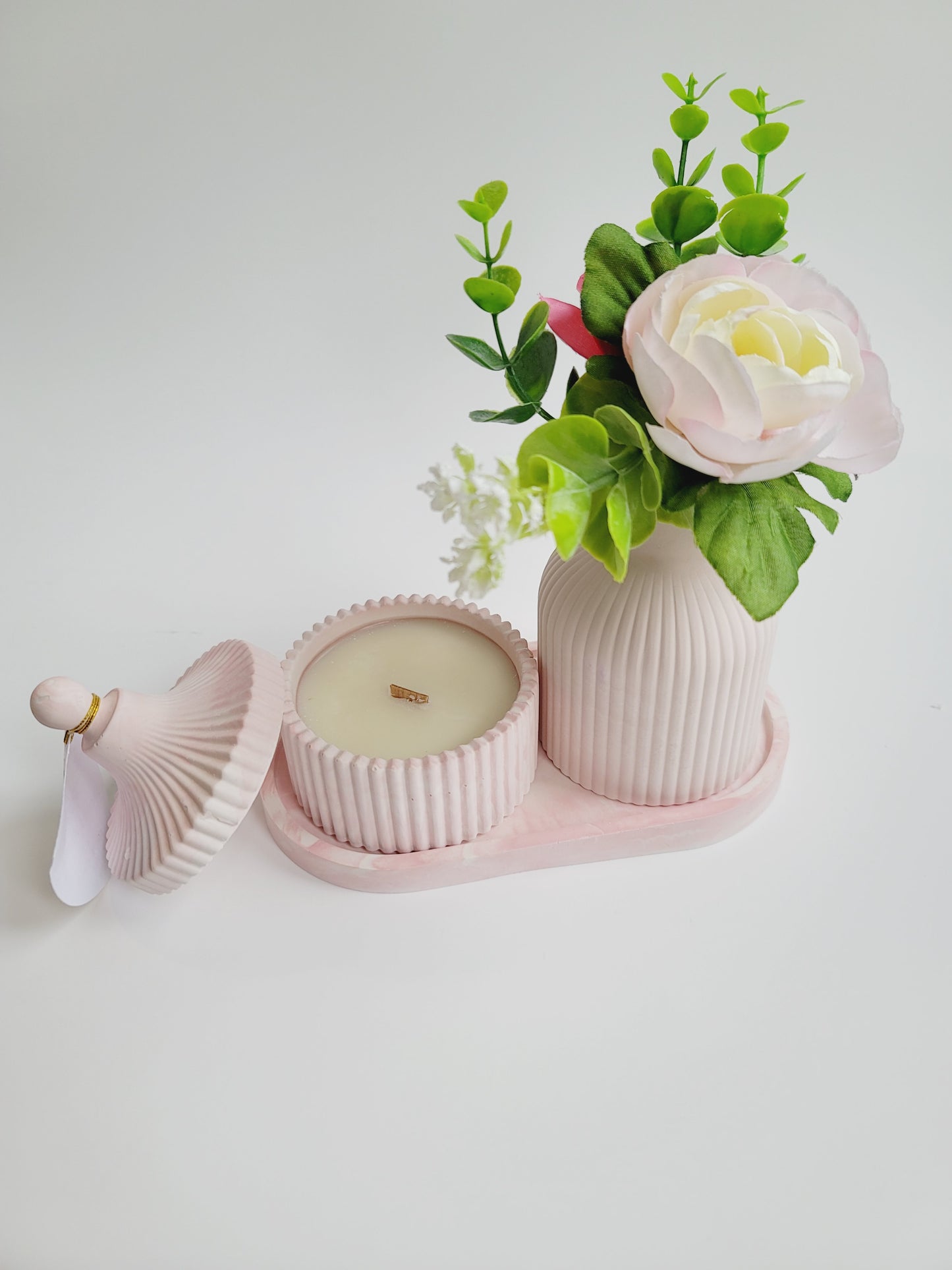 Cement Table Decor Candle Set - With Floral Vase - Pink